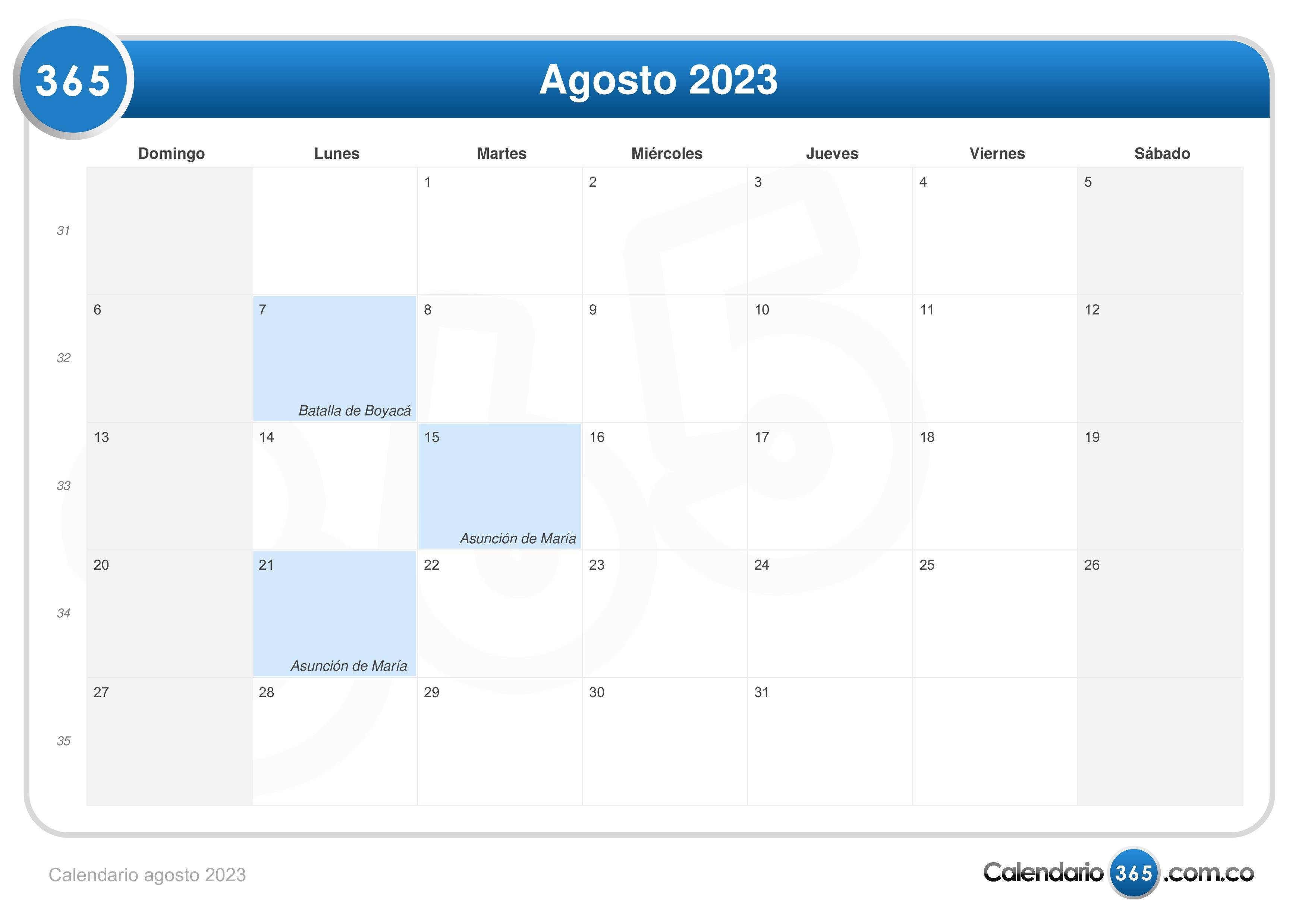 Calendario Agosto 2023