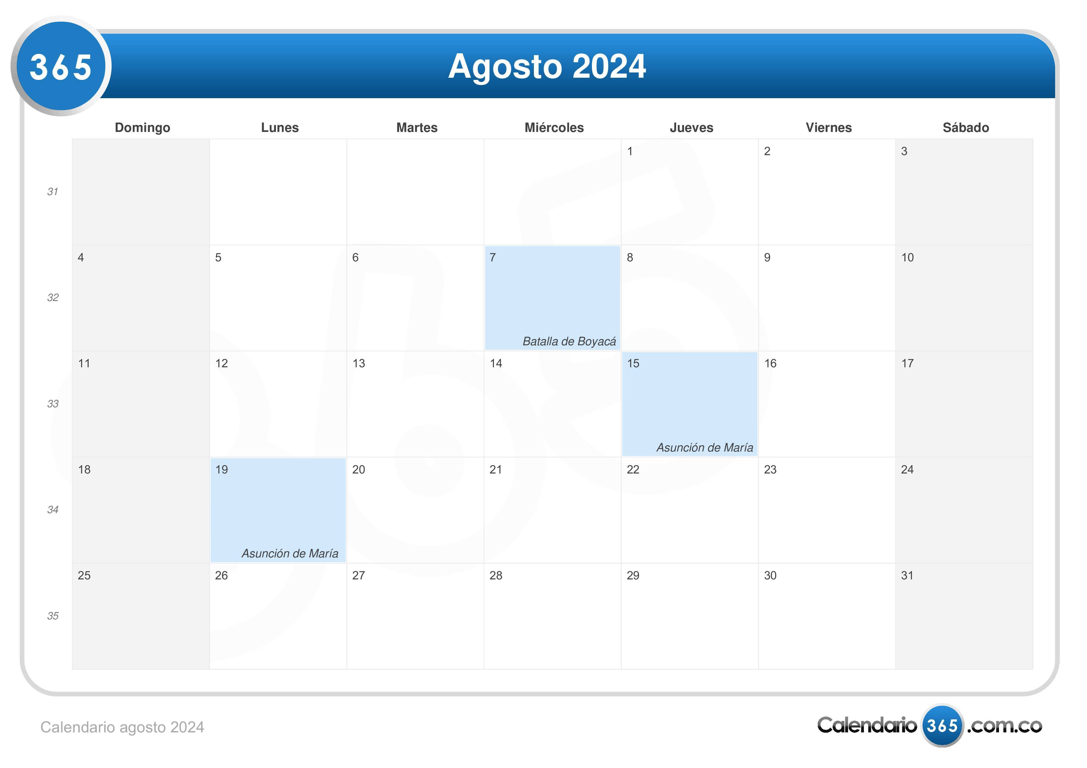 Calendario agosto 2024