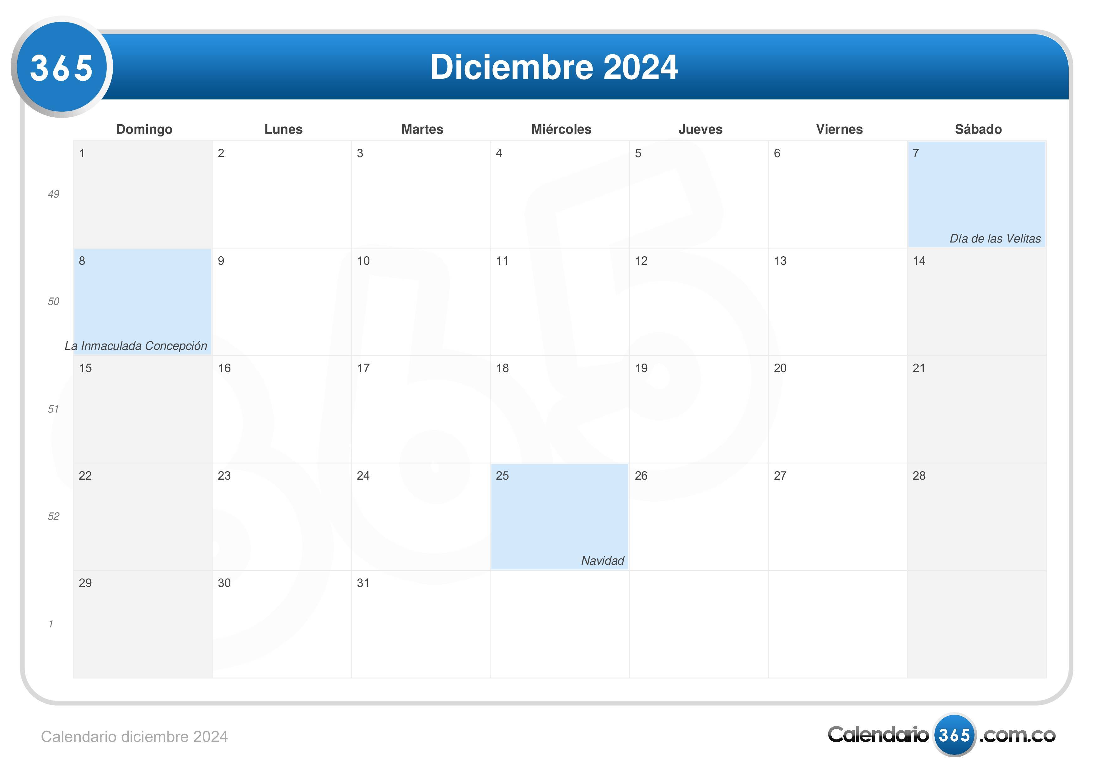 Calendario diciembre 2024