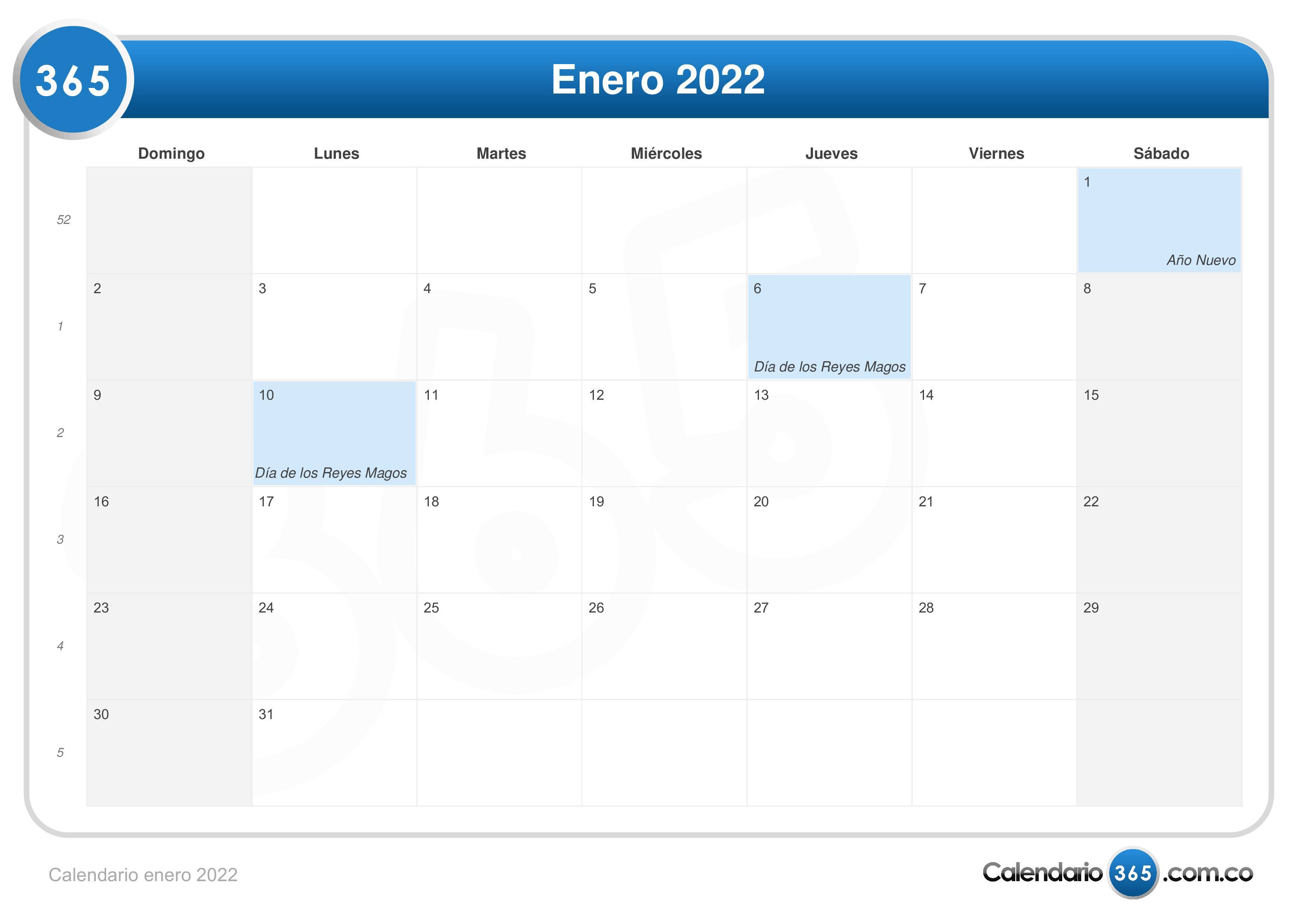 Calendario Enero 2022