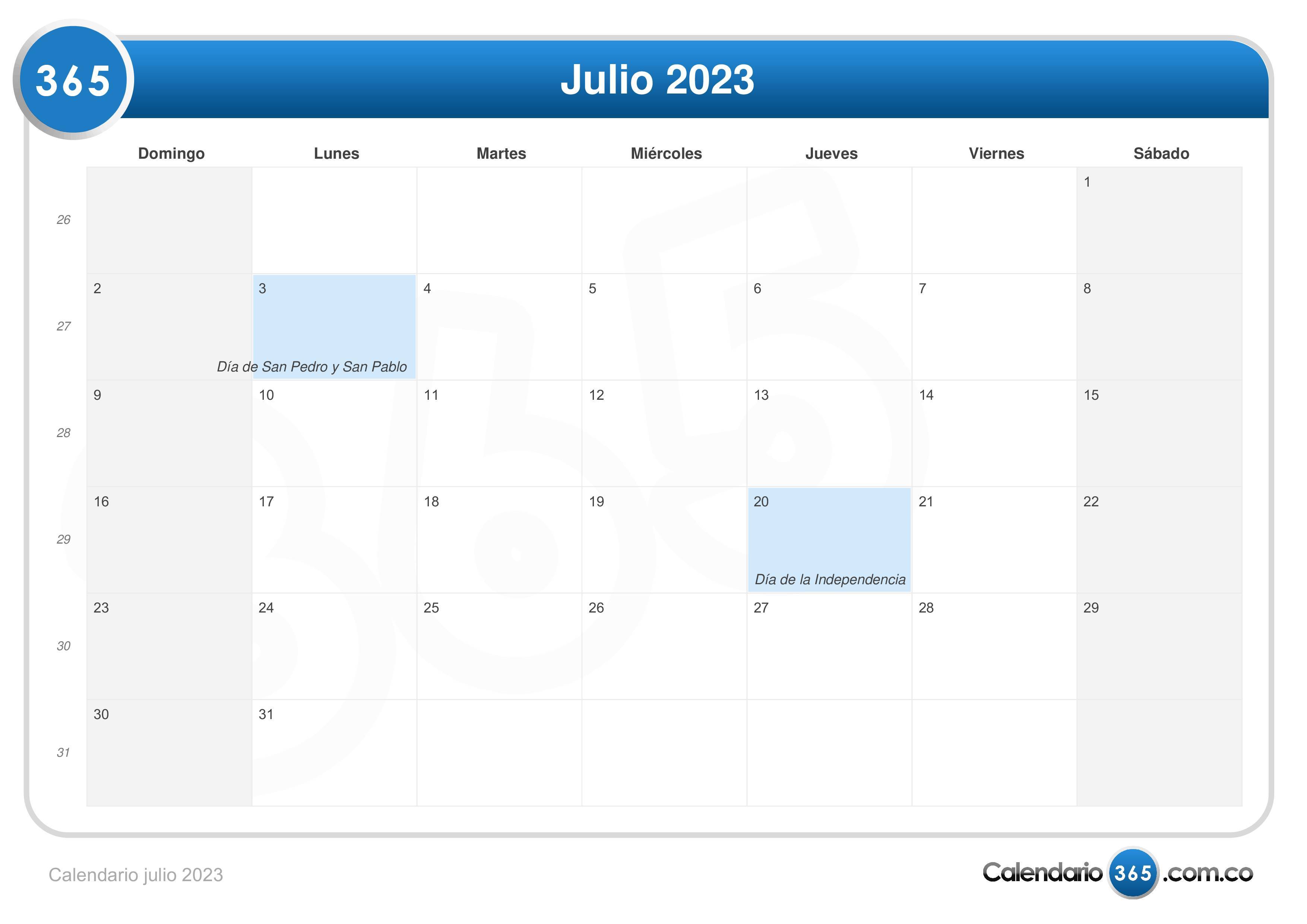 Calendario Julio 2023