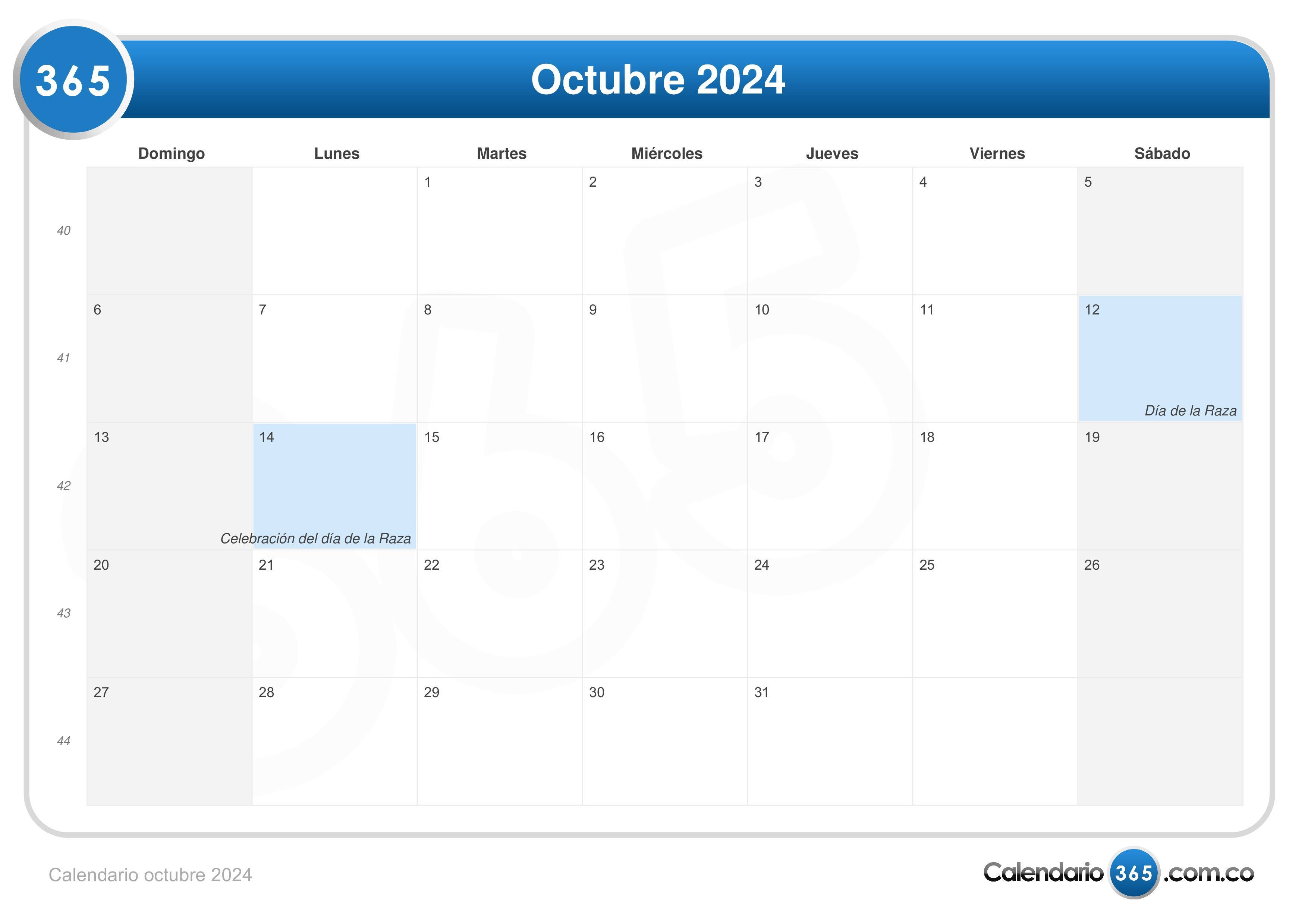 Calendario octubre 2024